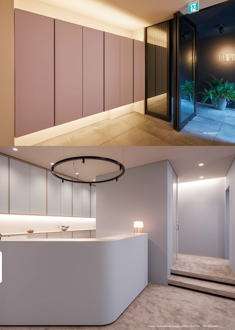 Modern reception desk and wall panelling finished with 3M DI-NOC solid colour film