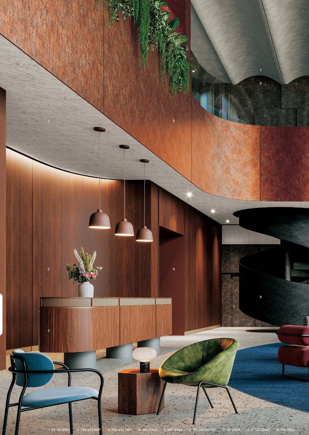 Corporate reception lounge with curved wood-finish wall in 3M DI-NOC film
