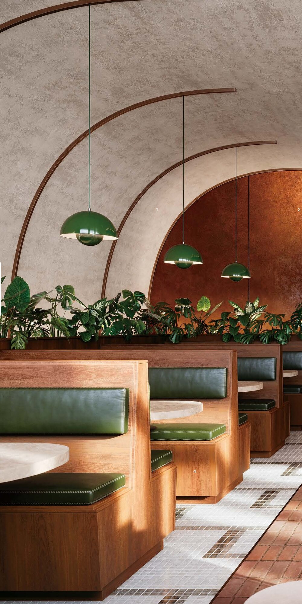 Restaurant booth seating and arched wall finished with 3M DI-NOC wood and stucco films