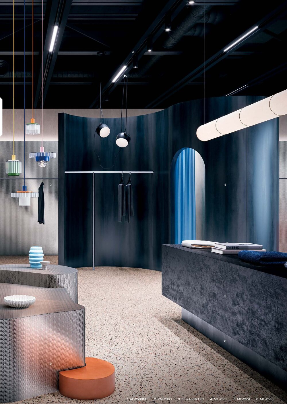 Retail store interior with 3M DI-NOC metallic and stone finishes on counters and partitions